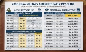USAA Military Pay Dates 2026 Early Direct Deposit for Active Duty, Retirees & VA Disability – Full Calendar & Tips USAA military pay dates 2026 are the most trusted early deposit schedule for active-duty members, retirees, and veterans receiving VA disability compensation. USAA military pay dates 2026 let you access your money up to two full business days before the official DFAS payday, giving you extra time to pay rent, cover groceries, handle car payments, or build savings without stress. USAA military pay dates 2026 work automatically once direct deposit is set up, and they apply to regular military pay, retirement checks, special pay, bonuses, and VA disability payments on the 1st of every month. USAA military pay dates 2026 have become even more valuable in 2026 with rising costs and more families depending on that early credit to stay ahead. Whether you are wondering why USAA military pay dates 2026 sometimes shift or how to make the most of every deposit, this complete guide gives you the exact 2026 calendar, real examples, tables, group breakdowns, and step-by-step advice so you never miss a single payment again.
