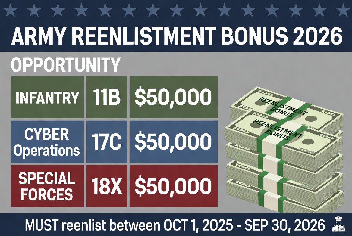 The Army Reenlistment Bonus 2026 is looking stronger than many Soldiers expect, especially if you’re in a critical MOS and performing well. With the new Quality Tiered Incentive Program (QTIP), the Army is rewarding top performers with significantly bigger bonuses.
In this Army Reenlistment Bonus 2026 guide, I’ll show you where the real money is right now. Critical skills like Cyber, Intelligence, Medical, and certain Infantry/Artillery MOS are seeing some of the best offers in years. I’ve personally helped Soldiers secure bonuses over $50,000 this year by understanding the current hot list.
The Army Reenlistment Bonus 2026 isn’t the same for everyone. Your rank, time in service, MOS, and performance tier all play a major role. This is exactly why you need to understand the full picture before you sign anything.